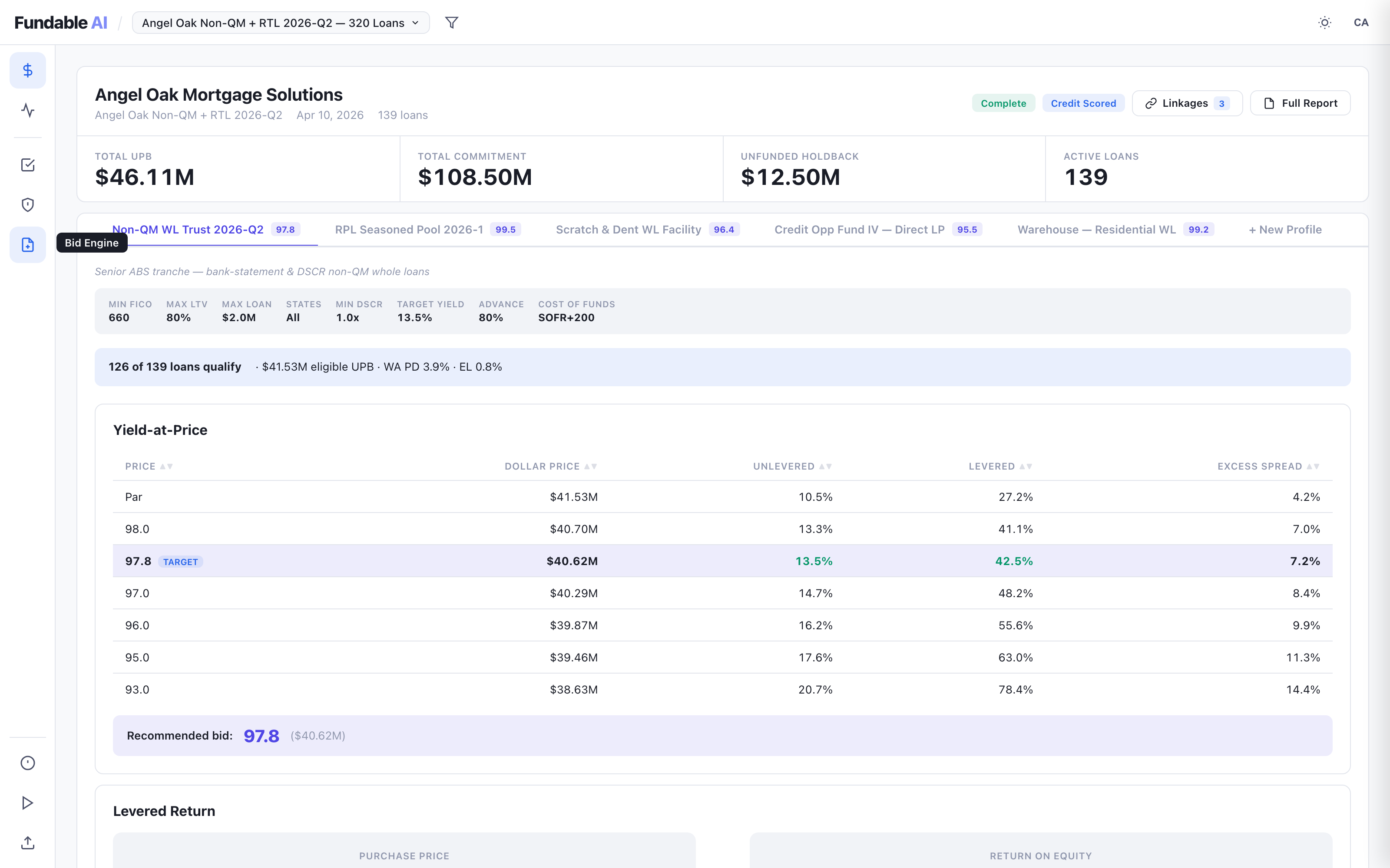 Fundable AI bid engine — execution profiles with yield-at-price grid, levered and unlevered returns, and recommended bid